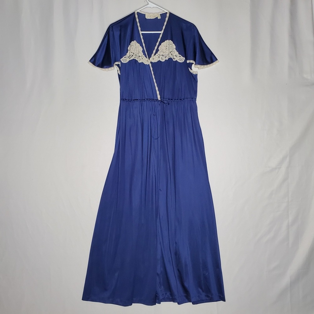 Collectibles JC Penny Vtg 60s Wrap‎ Nightgown Medium Navy Cream Lace Feminine